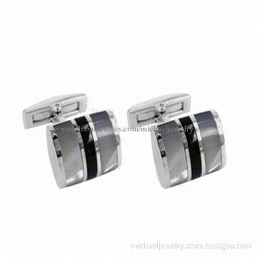 Stainless steel cufflinks with gray opal + onyx stone
